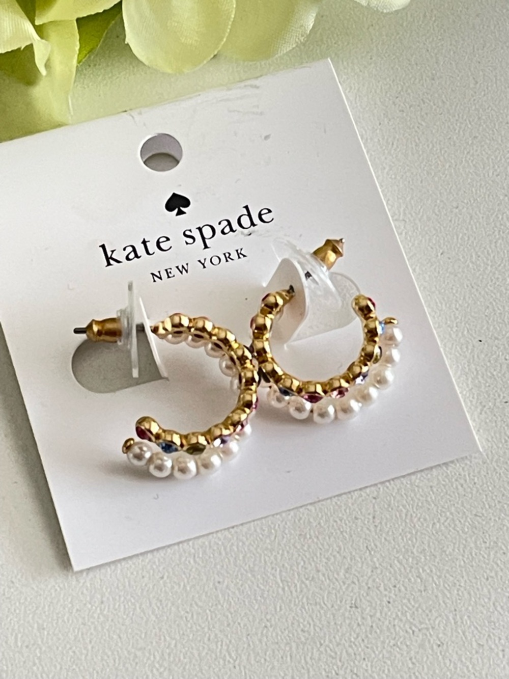 kate spade Gold Hoop Earrings with White Pearls and multicolor crystal